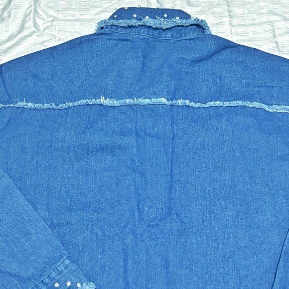 Rhinestone Studded Denim Shirt Jacket 3XL Western Fringe Raw Hem - Picture 8 of 8